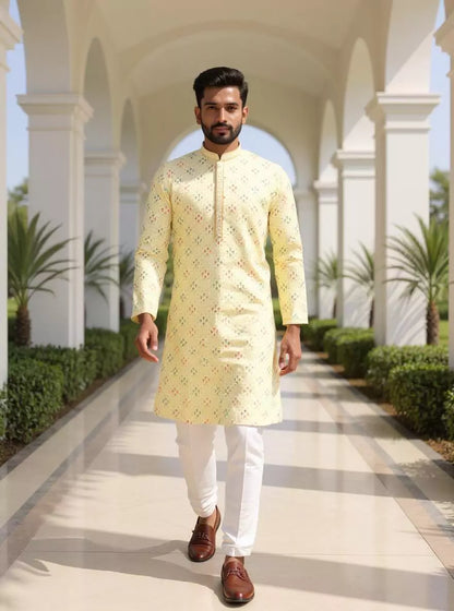 Vibrant Lemon Floral Design Embroidery work Cotton Silk Kurta Pyjama Set