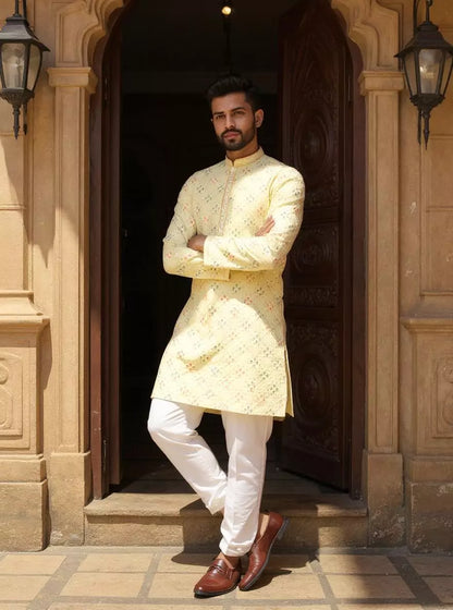 Vibrant Lemon Floral Design Embroidery work Cotton Silk Kurta Pyjama Set