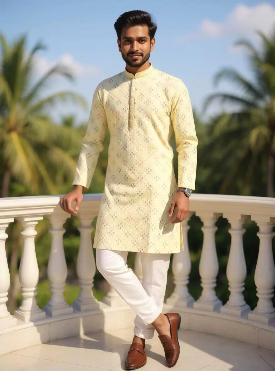 Vibrant Lemon Floral Design Embroidery work Cotton Silk Kurta Pyjama Set