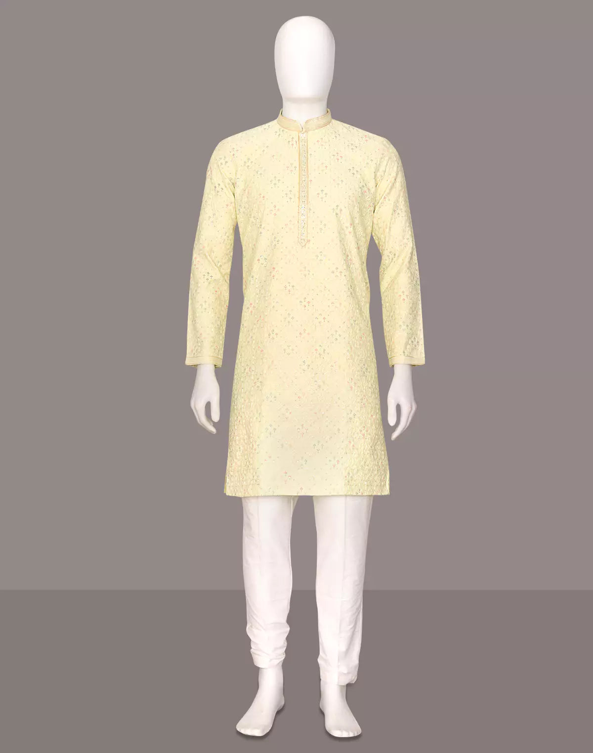 Vibrant Lemon Floral Design Embroidery work Cotton Silk Kurta Pyjama Set