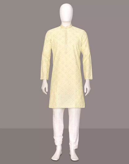 Vibrant Lemon Floral Design Embroidery work Cotton Silk Kurta Pyjama Set