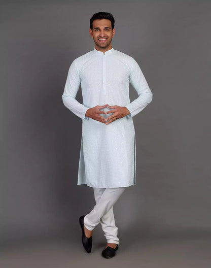 Sea Blue Self Thread and Sequence Design Georgette Kurta Pyjama Set
