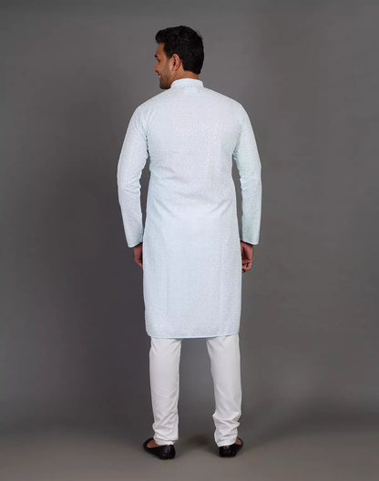 Sea Blue Self Thread and Sequence Design Georgette Kurta Pyjama Set