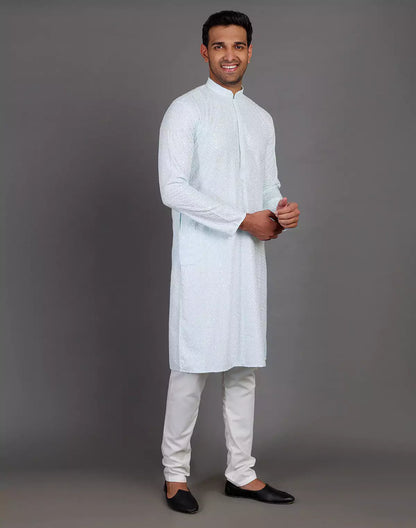 Sea Blue Self Thread and Sequence Design Georgette Kurta Pyjama Set