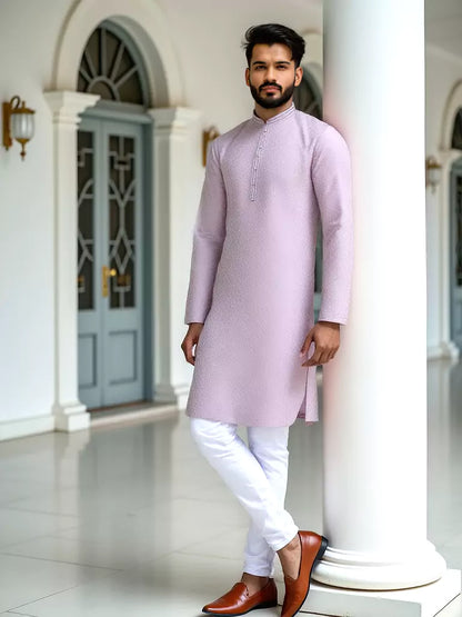 Light Pink Self Design Raw Silk Kurta Pyjama Set