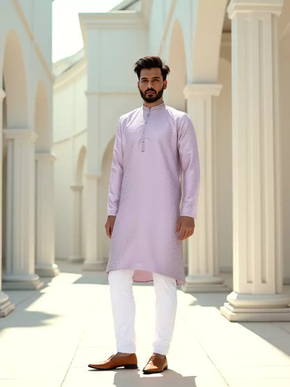 Light Pink Self Design Raw Silk Kurta Pyjama Set