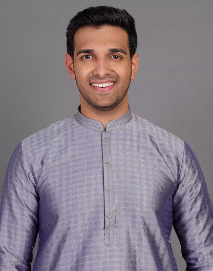 Grey Coloured Self Design Stones Work Soft Silk Kurta Set