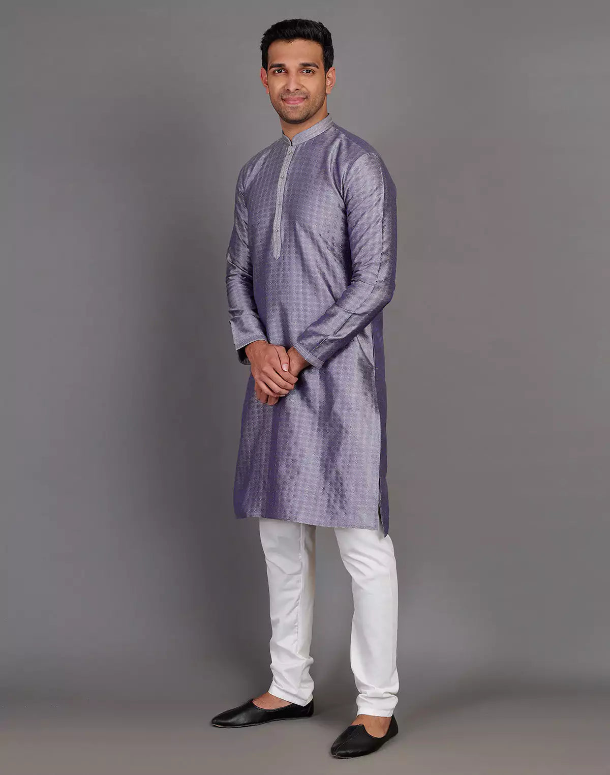 Grey Coloured Self Design Stones Work Soft Silk Kurta Set