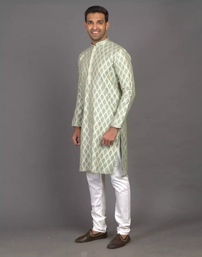 All Over Floral Weaving work Elegant Green Kurta Pyjama Set