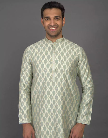 All Over Floral Weaving work Elegant Green Kurta Pyjama Set