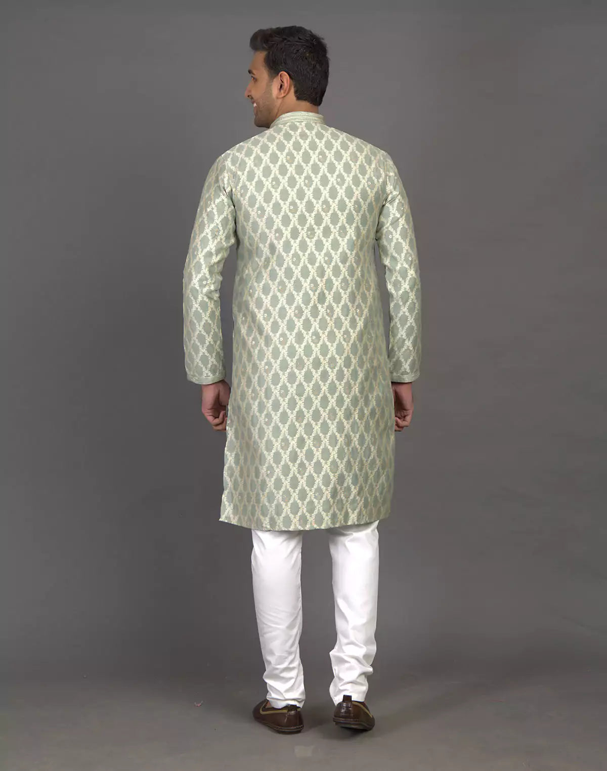 All Over Floral Weaving work Elegant Green Kurta Pyjama Set