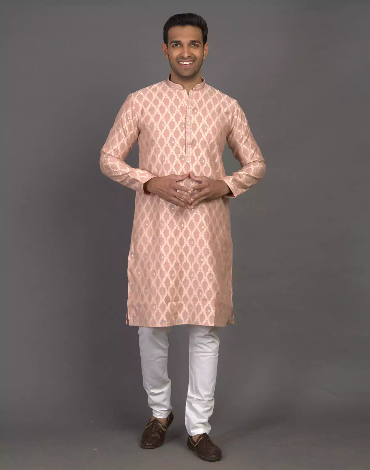 All Over Floral Weaving work Peach Kurta Pyjama Set