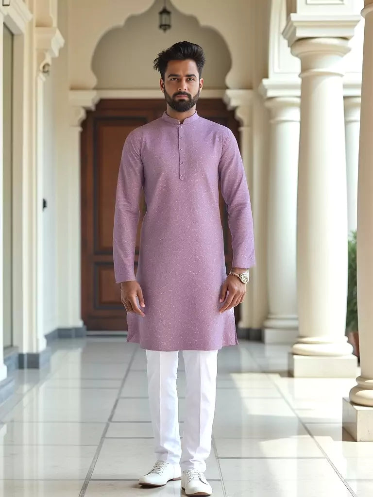 Lavender Geometric Print Cotton Regular Fit Kurta Set