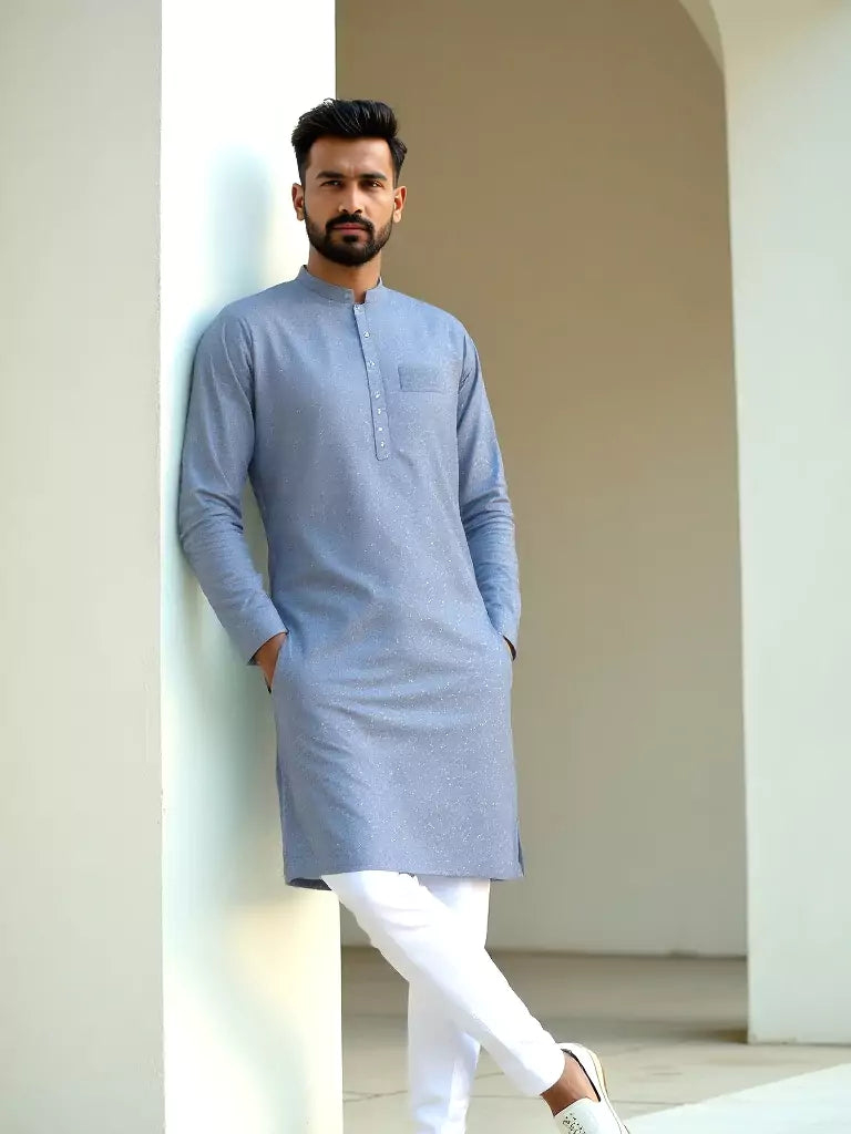 Sky Blue Geometric Print Cotton Regular Fit Kurta Set