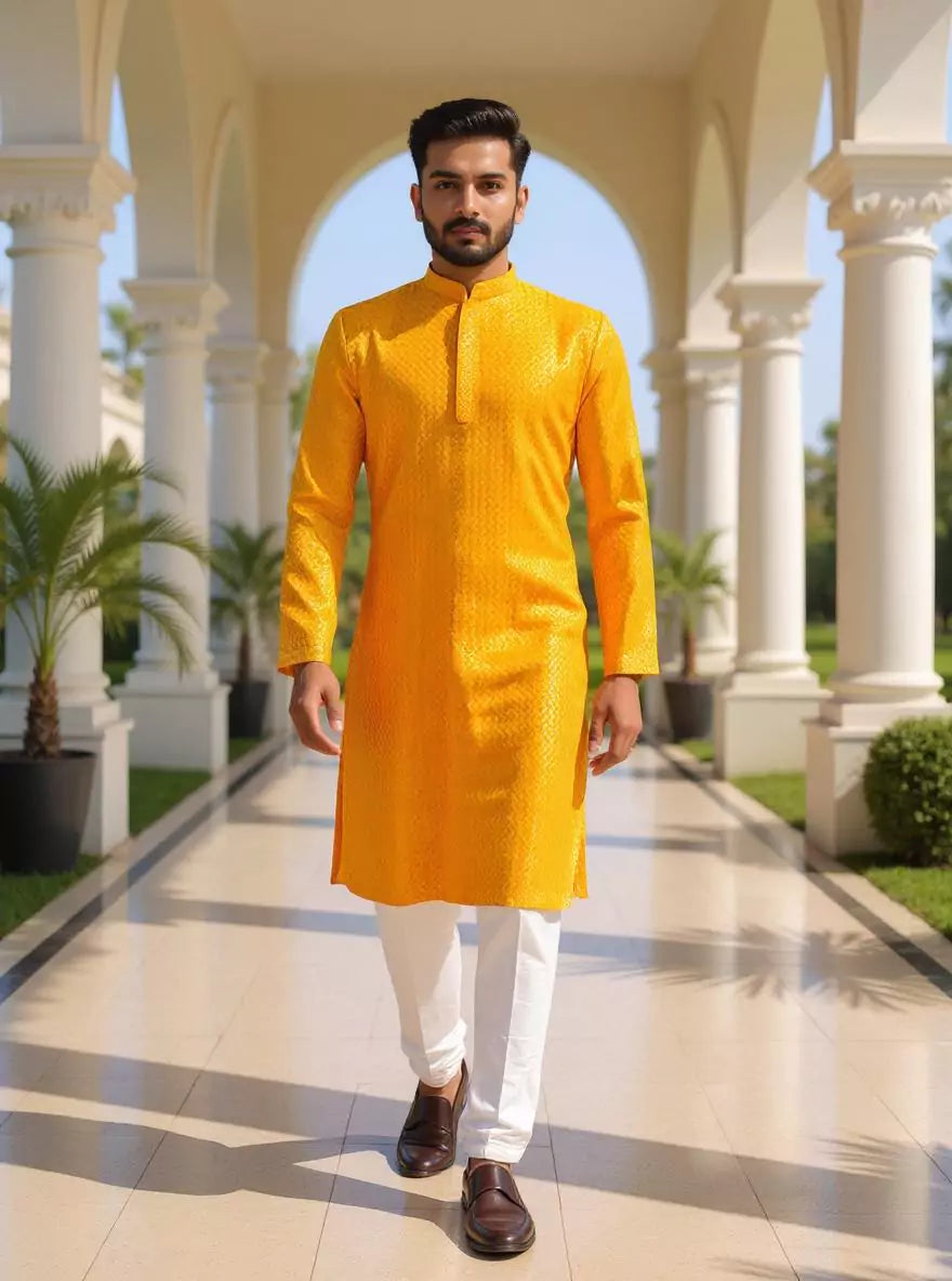 Yellow Zig Zag Patterned Lucknowi Chikankari work Kurta Pyjama Set