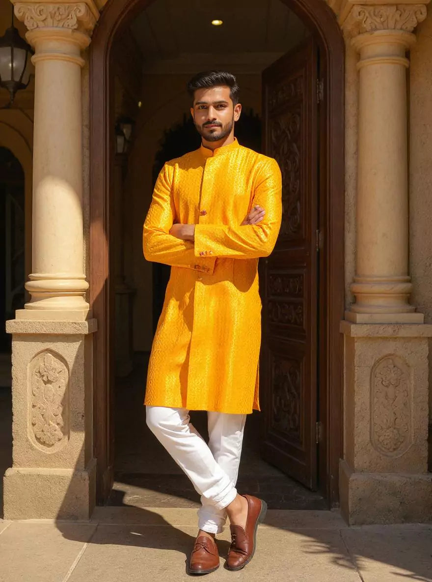 Yellow Zig Zag Patterned Lucknowi Chikankari work Kurta Pyjama Set