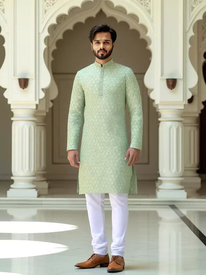 Brocade Design Firozi Coloured Jacquard Kurta Pyjama Set