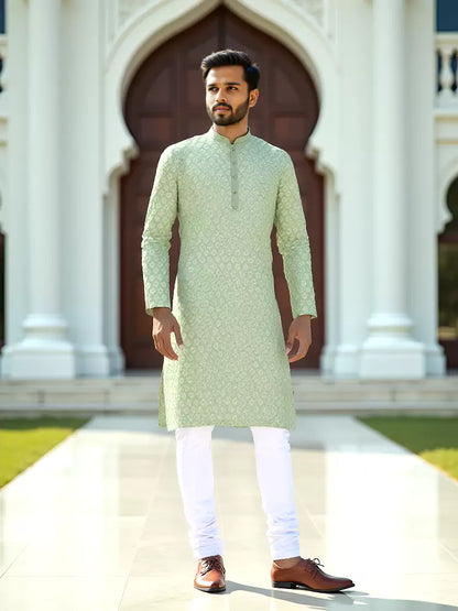 Brocade Design Firozi Coloured Jacquard Kurta Pyjama Set