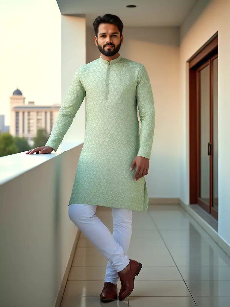 Brocade Design Firozi Coloured Jacquard Kurta Pyjama Set