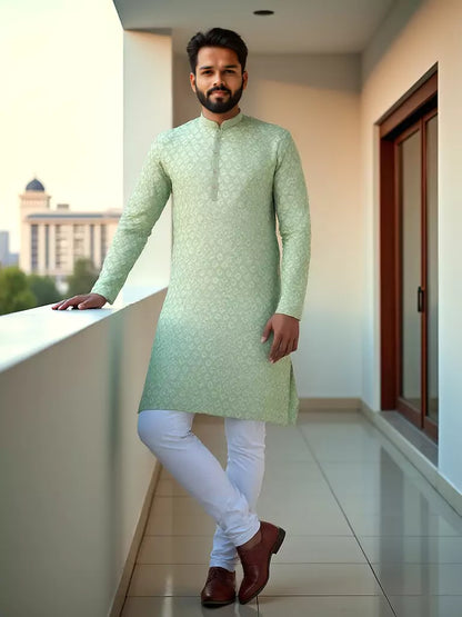 Brocade Design Firozi Coloured Jacquard Kurta Pyjama Set