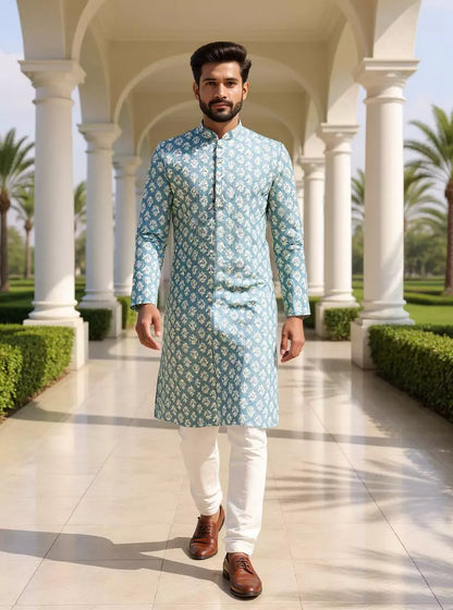 Blue Floral Motifs Printed Cotton Kurta Pyjamas