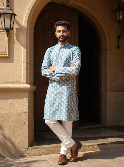 Blue Floral Motifs Printed Cotton Kurta Pyjamas