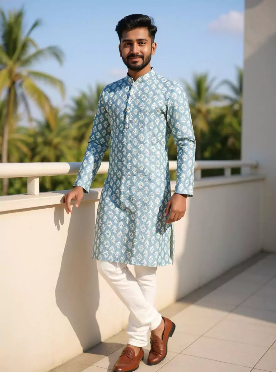Blue Floral Motifs Printed Cotton Kurta Pyjamas