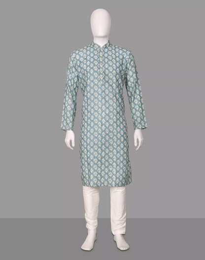 Blue Floral Motifs Printed Cotton Kurta Pyjamas