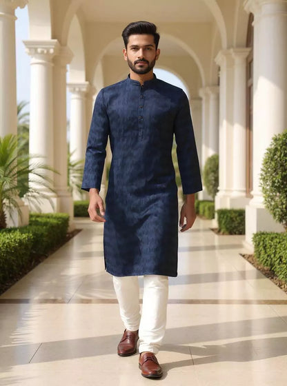 Navy Blue Graphic Weaving Cotton Kurta Pajama
