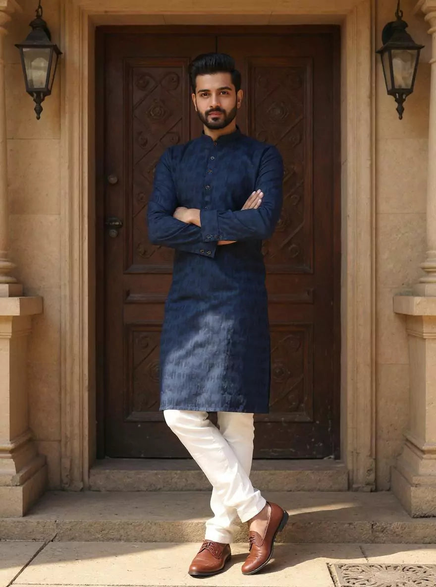 Navy Blue Graphic Weaving Cotton Kurta Pajama