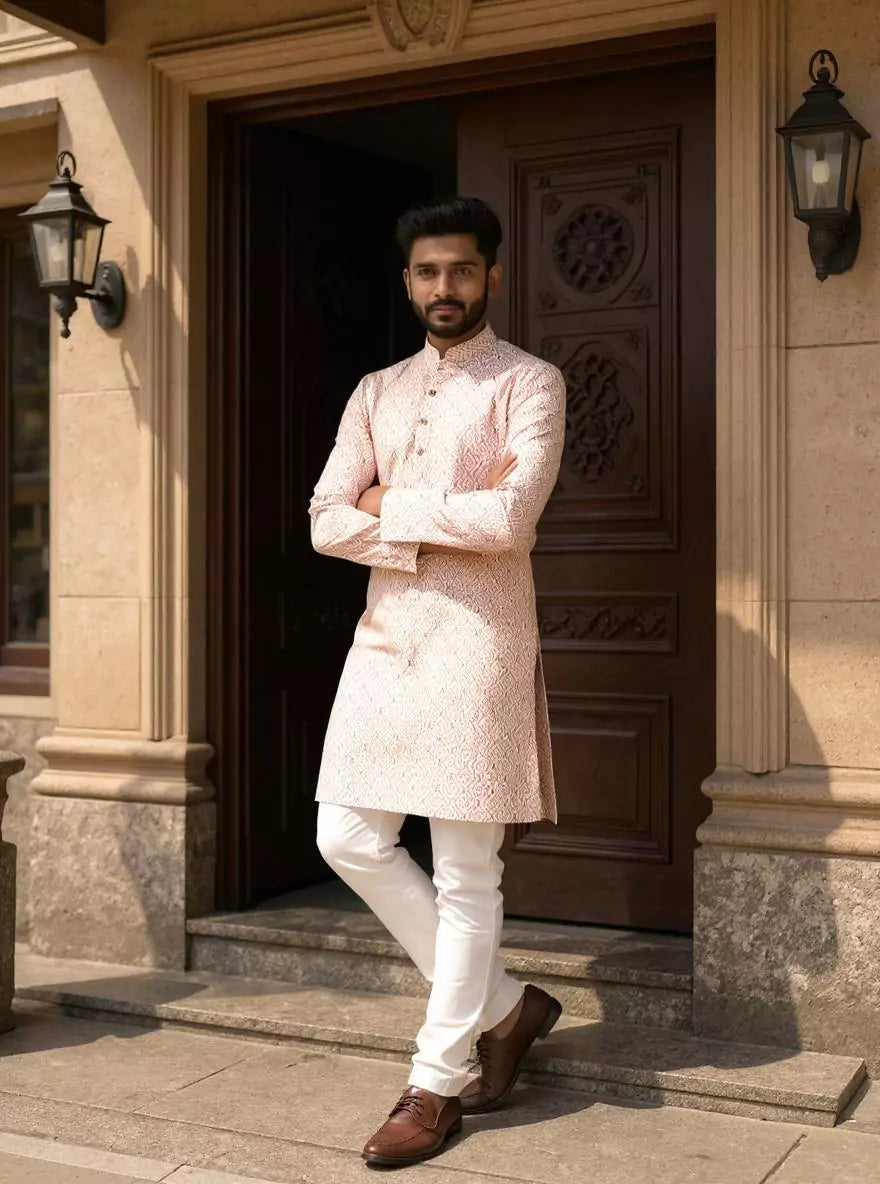 Pink Trellis Patterned Cotton Kurta with Pyjama Set