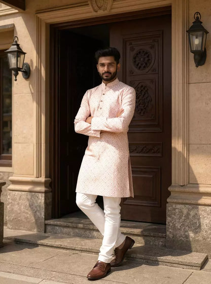 Pink Trellis Patterned Cotton Kurta with Pyjama Set