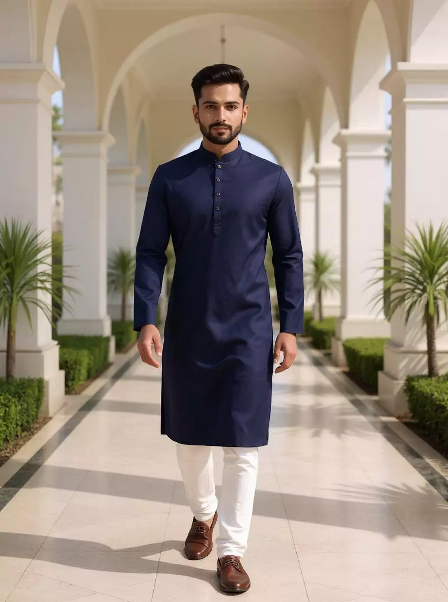 Blue Self Woven Design Cotton Kurta Pyjama Set
