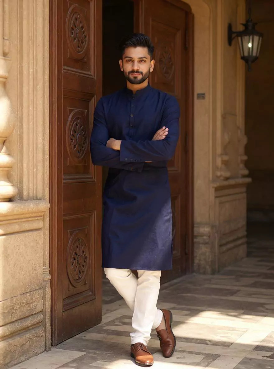 Blue Self Woven Design Cotton Kurta Pyjama Set