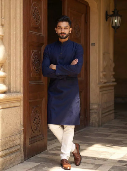Blue Self Woven Design Cotton Kurta Pyjama Set