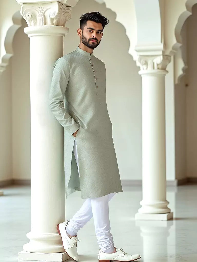 Light Pista Self Patterned Cotton Kurta Pyjama Set