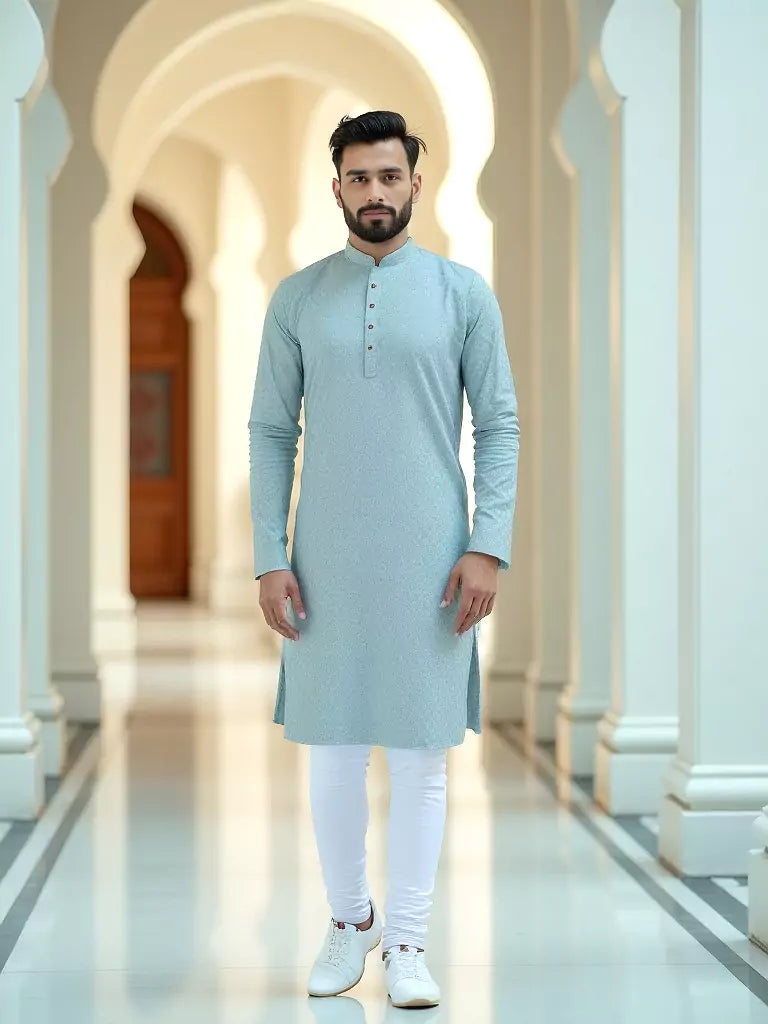 Light Sky Coloured Cotton Kurta Pyjama Set