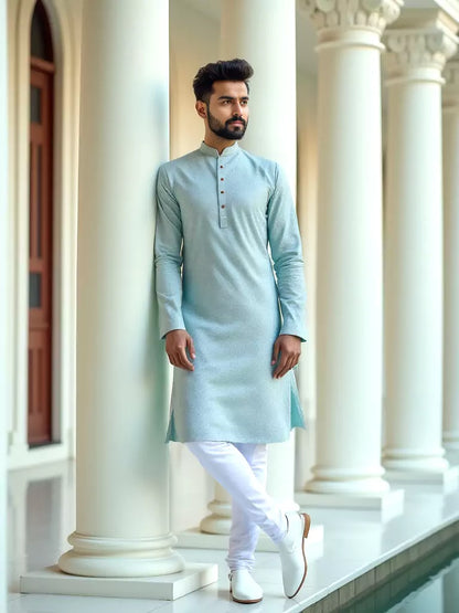 Light Sky Coloured Cotton Kurta Pyjama Set
