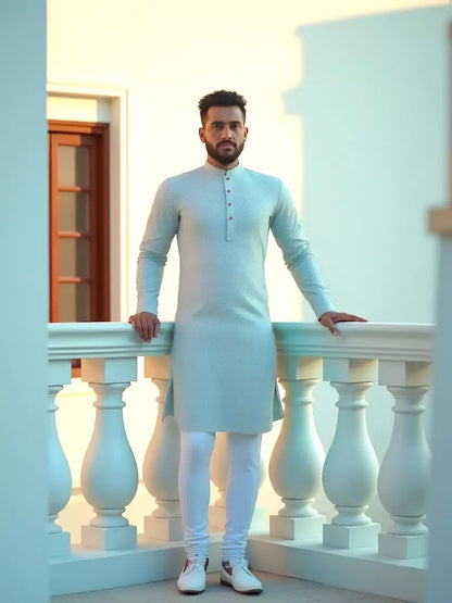 Light Sky Coloured Cotton Kurta Pyjama Set