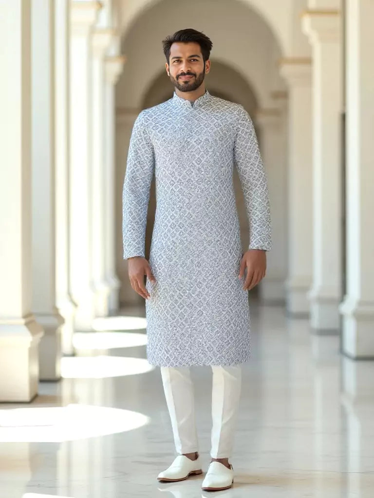 Ink Blue Floral Design Cotton Straight Kurta with Pyjama