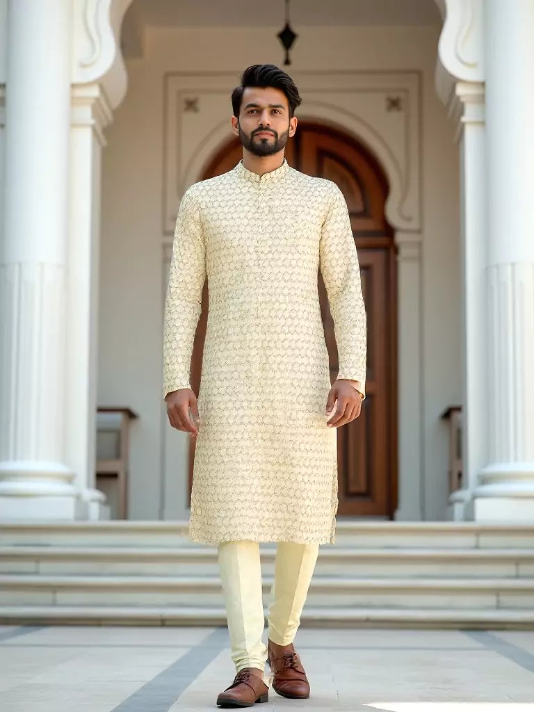Geometric Print Cotton Kurta Pajamas in Lemon