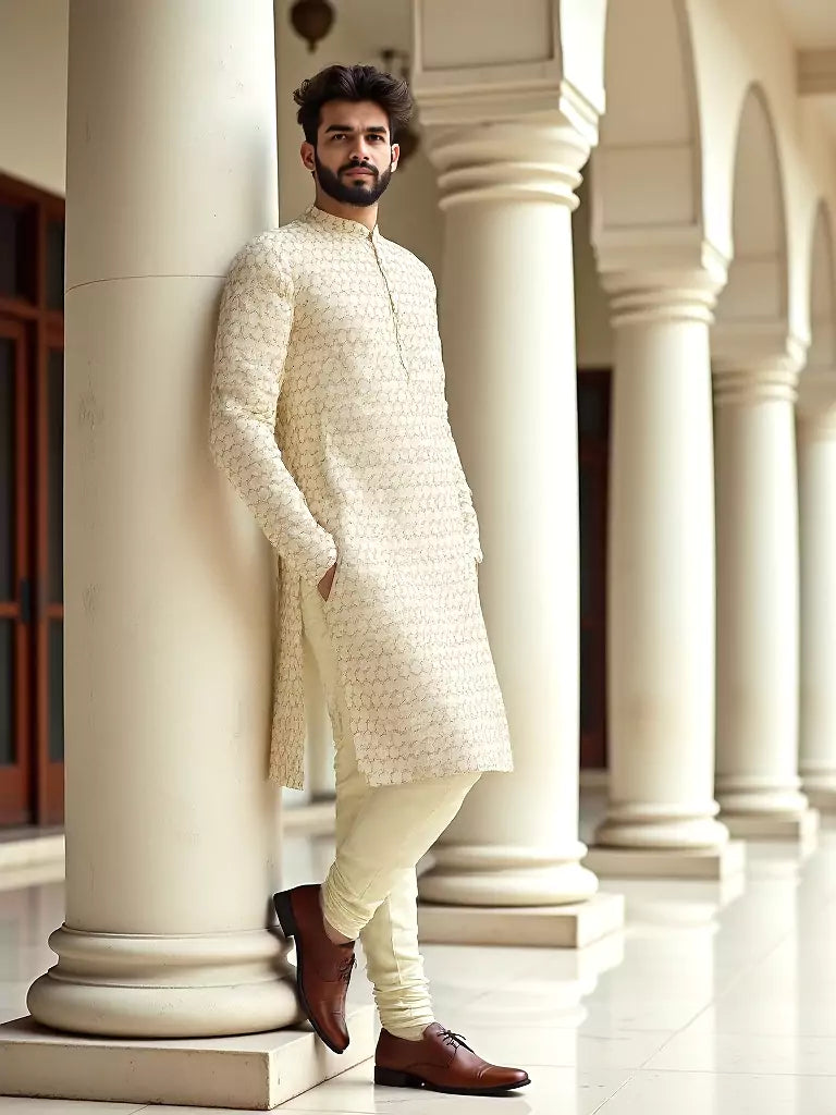Geometric Print Cotton Kurta Pajamas in Lemon