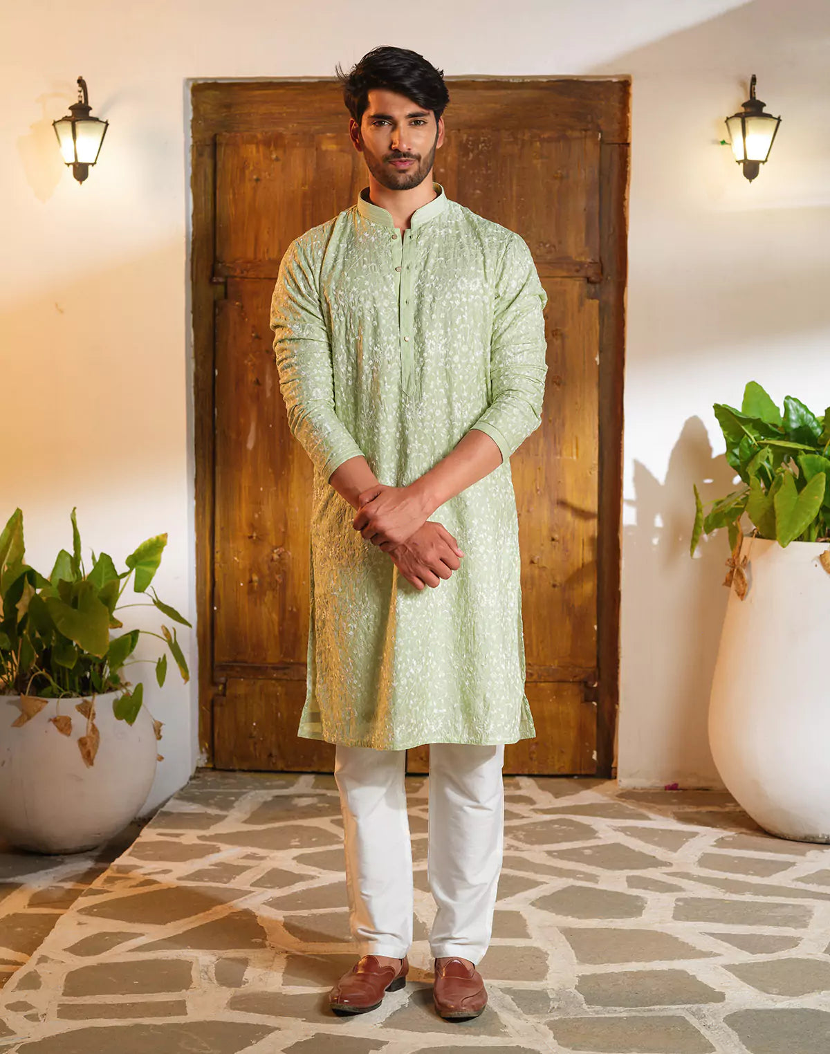 Floral Design Pista Coloured Chikankari work Kurta Pyjama Set