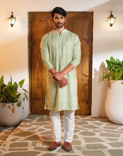 Floral Design Pista Coloured Chikankari work Kurta Pyjama Set