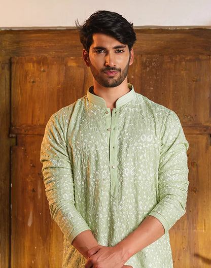 Floral Design Pista Coloured Chikankari work Kurta Pyjama Set
