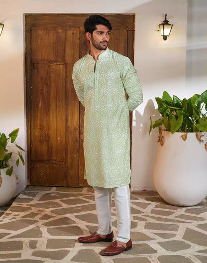 Floral Design Pista Coloured Chikankari work Kurta Pyjama Set