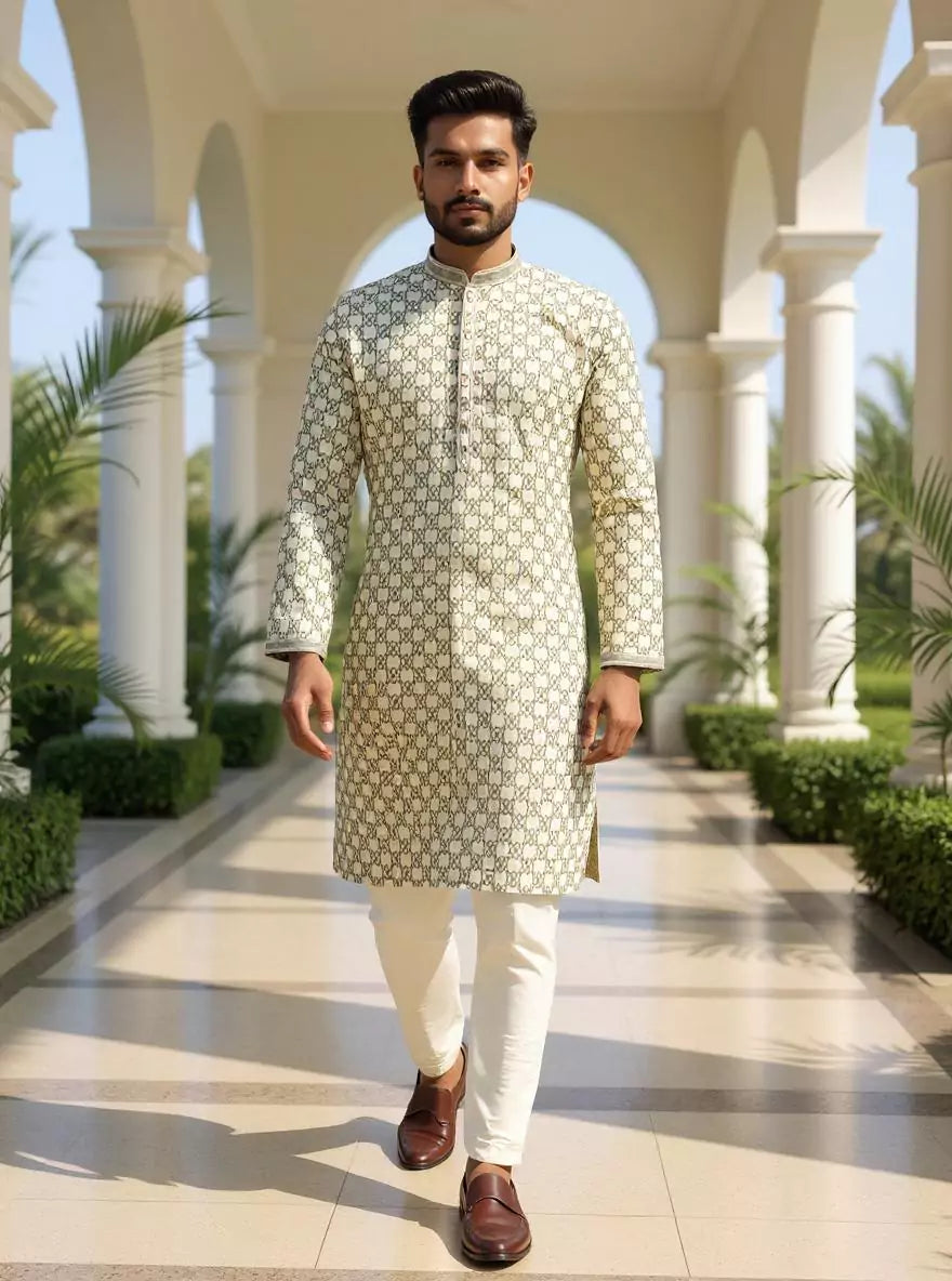 Dazzling Pista Floral Print with Thread work Cotton Silk Kurta Pyjama