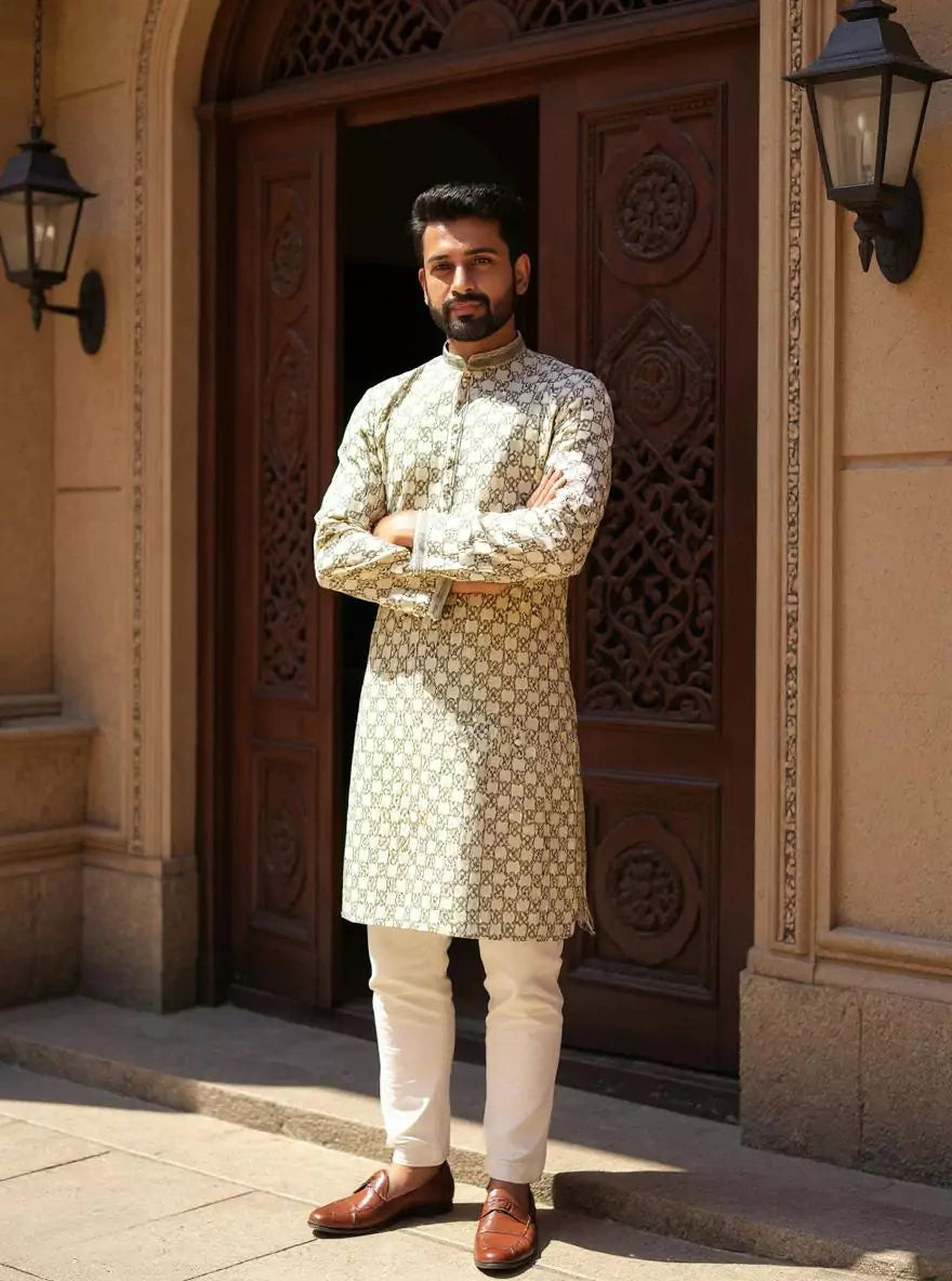 Dazzling Pista Floral Print with Thread work Cotton Silk Kurta Pyjama