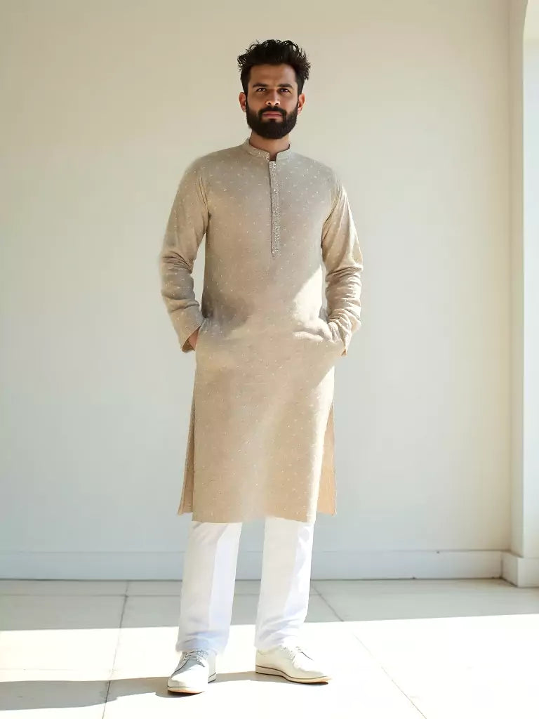 Beige Color Brocade Design Jacquard Kurta Pajama