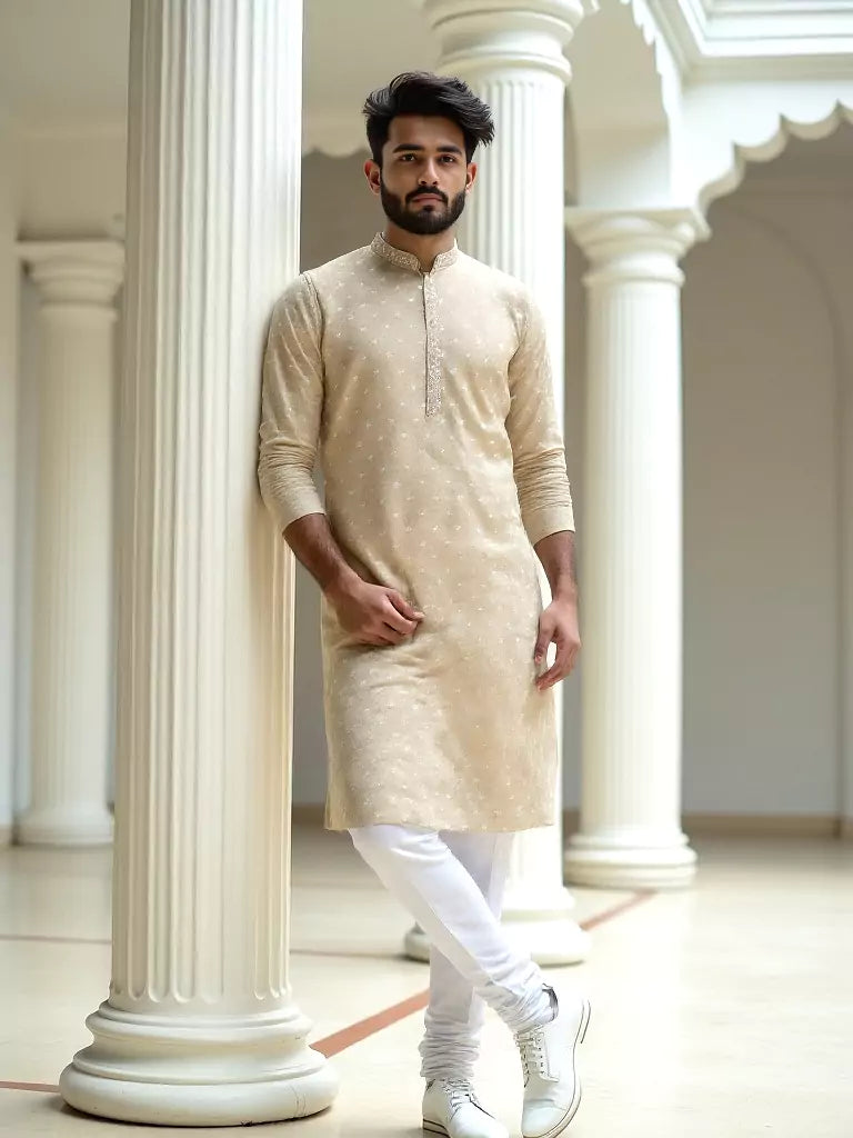 Beige Color Brocade Design Jacquard Kurta Pajama